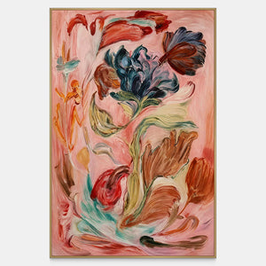Red, rust, and deep blue flowers curl among green stems against a warm pink ground.