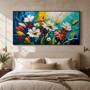Panoramic textured floral wall art displayed above a neutral hotel bedroom.