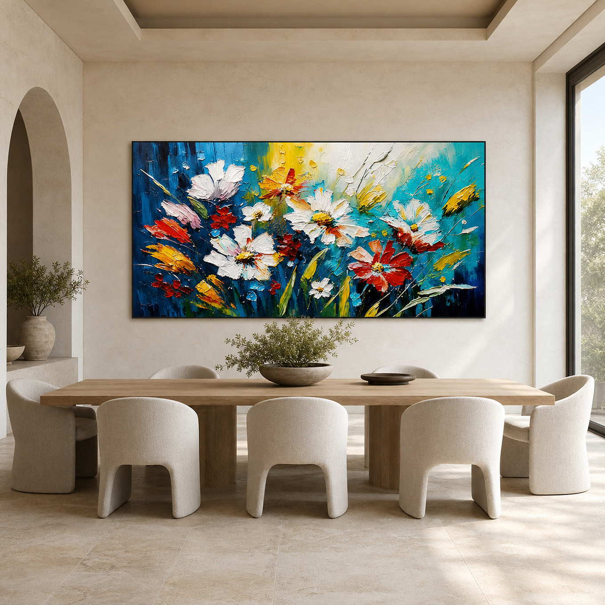 Panoramic textured floral wall art displayed in a bright modern dining room.