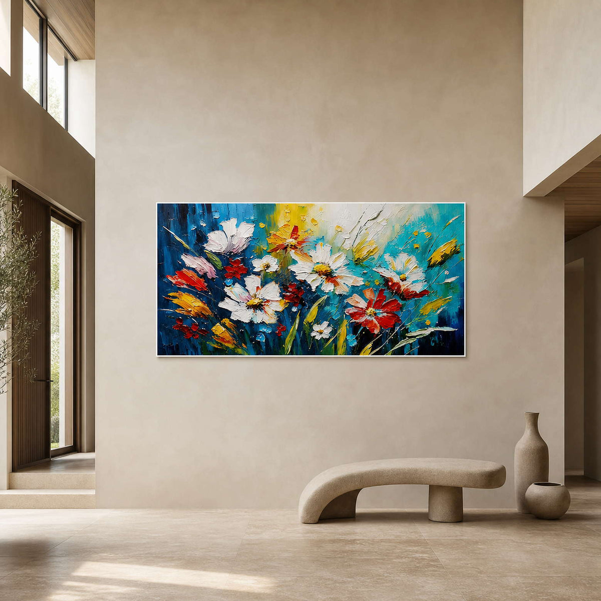 Panoramic floral wall art displayed in a spacious modern residential entryway.