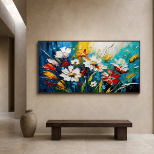 Colorful textured floral wall art displayed in a private gallery hallway.