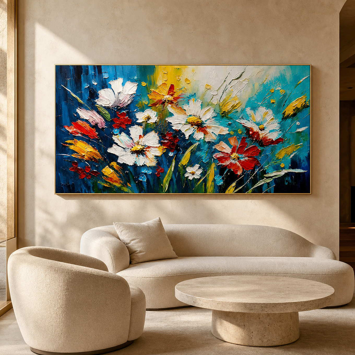 Colorful textured floral wall art displayed in a refined hotel lounge.