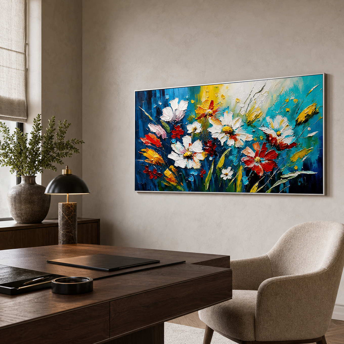 Blue and white floral wall art displayed in a warm creative office.