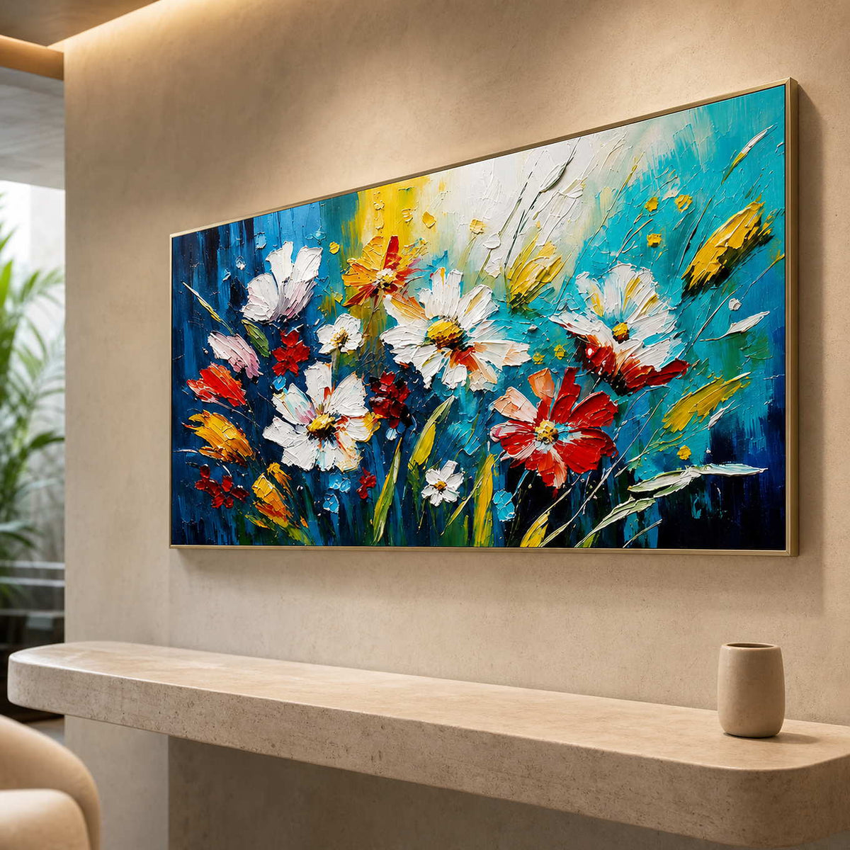 Bright botanical wall art displayed in a boutique spa reception area.