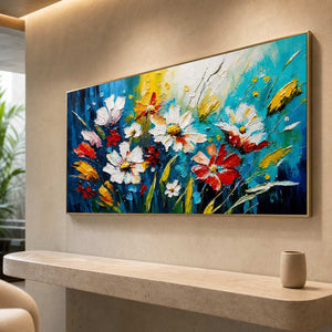 Bright botanical wall art displayed in a boutique spa reception area.