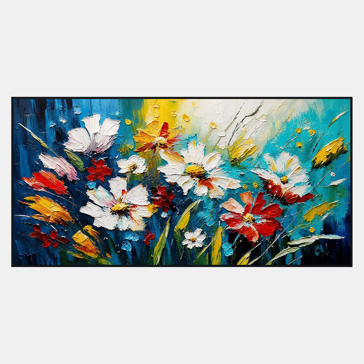 Hand-painted panoramic floral wall art in cobalt, turquoise, white, red, and yellow.