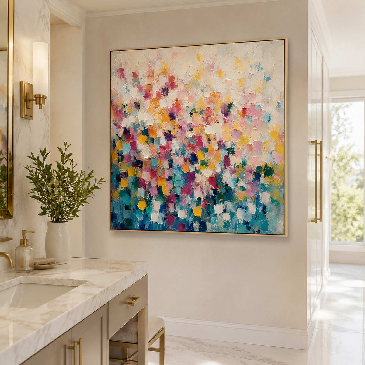 Fresh abstract canvas displayed in a bright bathroom.