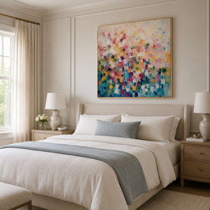 Soft colorful wall art styled in a warm bedroom.