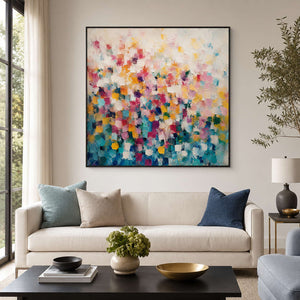 Bright abstract wall art styled in a living room.