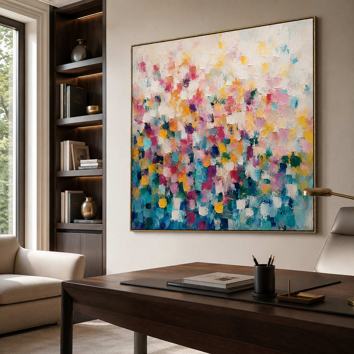 Uplifting abstract wall art for a modern office.