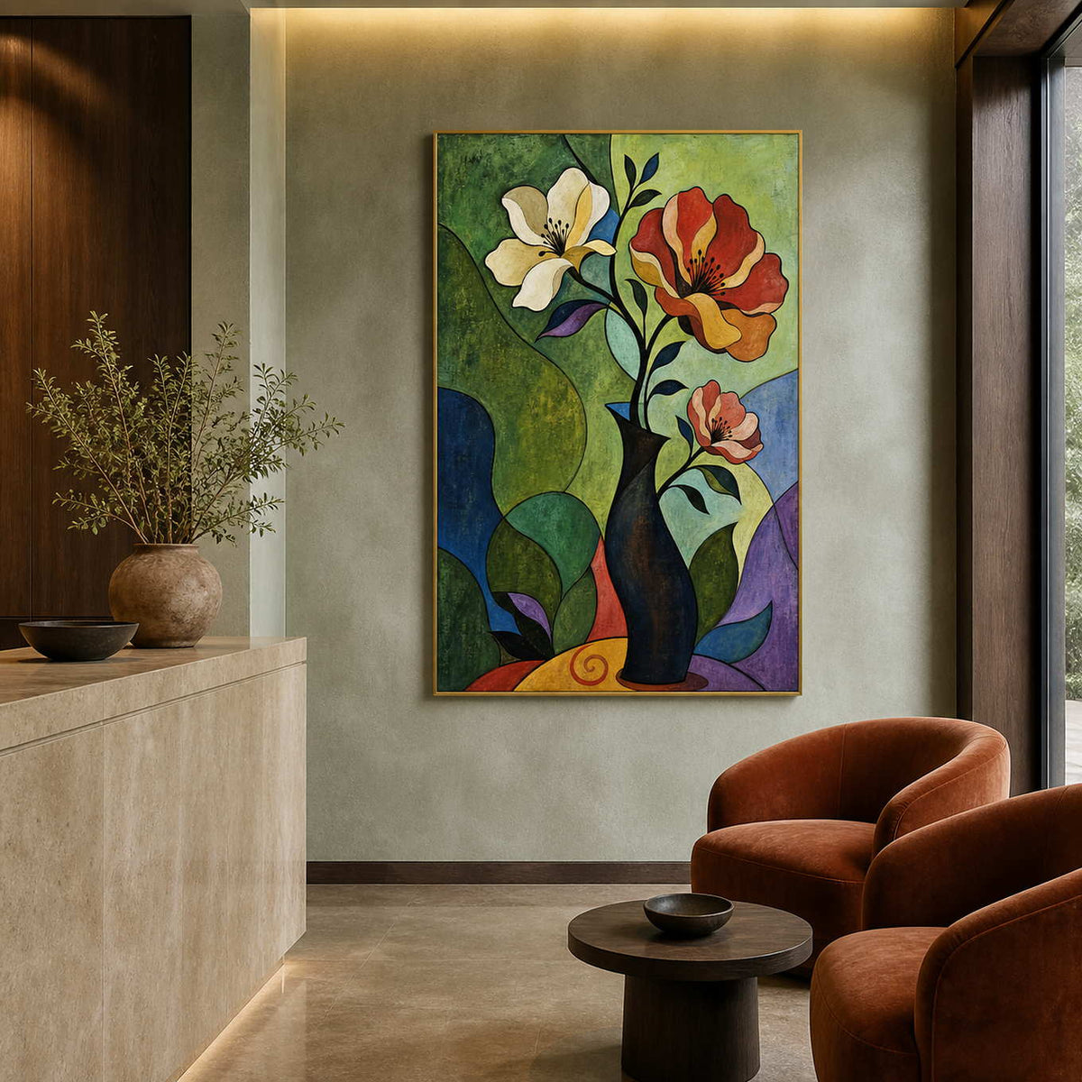 Vertical botanical wall art displayed in a boutique hotel lobby.