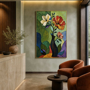 Vertical botanical wall art displayed in a boutique hotel lobby.