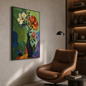 Vertical floral still life wall art shown from the left in a designer reading room.
