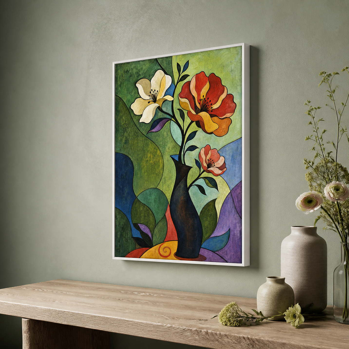 Graphic botanical wall art shown from the right in a floral design studio.