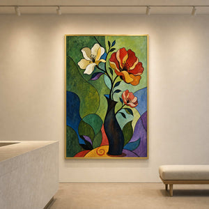 Jewel-tone botanical wall art displayed in a contemporary gallery reception.