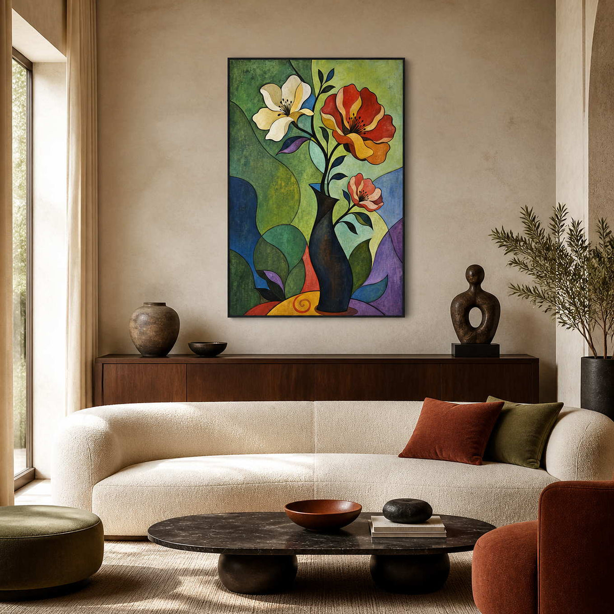 Modern floral still life wall art displayed in an art collector living room.