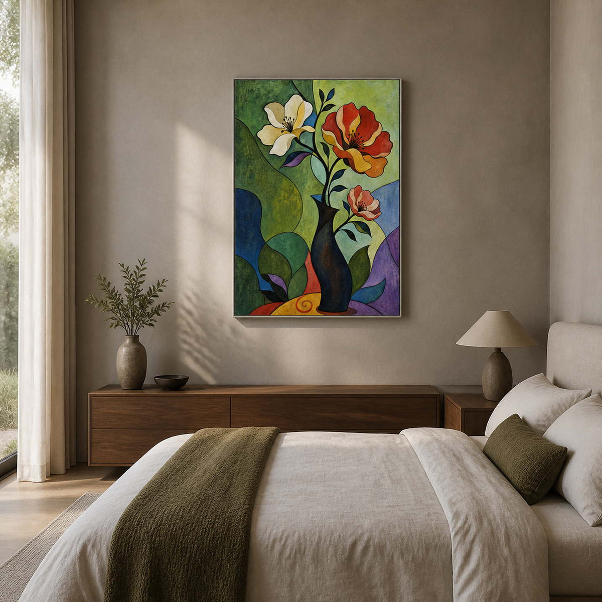 Colorful modern floral wall art displayed in a neutral primary bedroom.