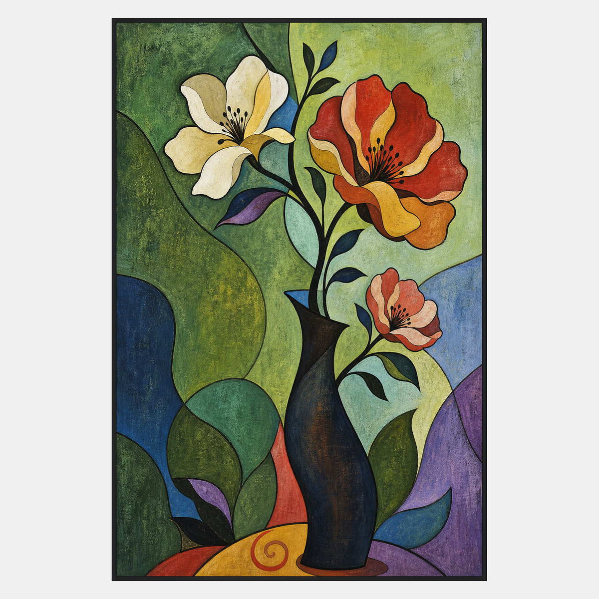Hand-painted floral still life with red, ivory, and blush flowers over green geometric fields.