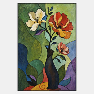 Hand-painted floral still life with red, ivory, and blush flowers over green geometric fields.