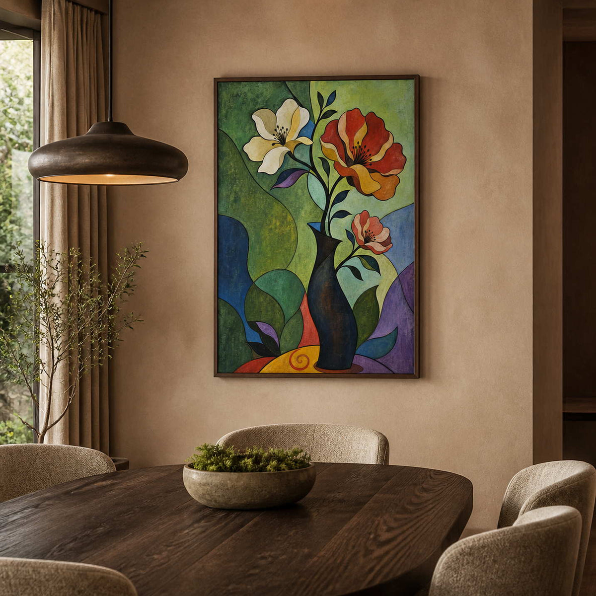 Warm modern floral wall art displayed in a private dining room.
