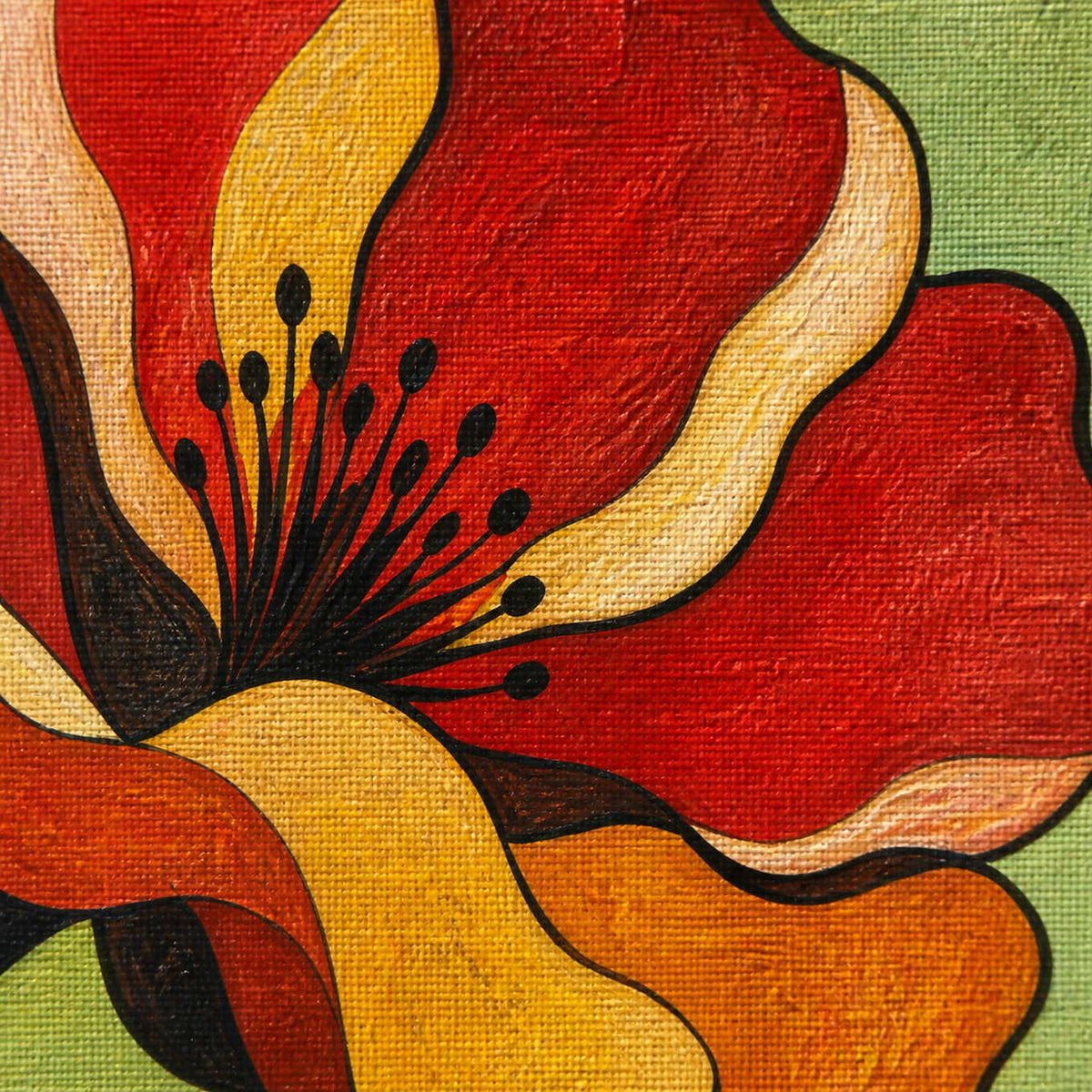 Close-up of red, ochre, cream, and green paint over visible canvas texture.