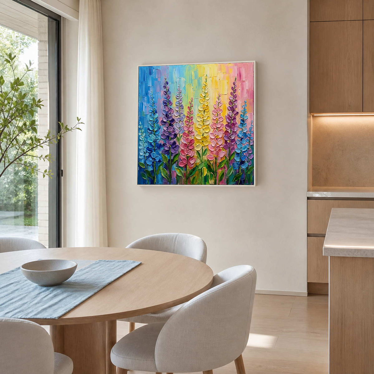 Pastel botanical canvas displayed above a light wood breakfast nook.