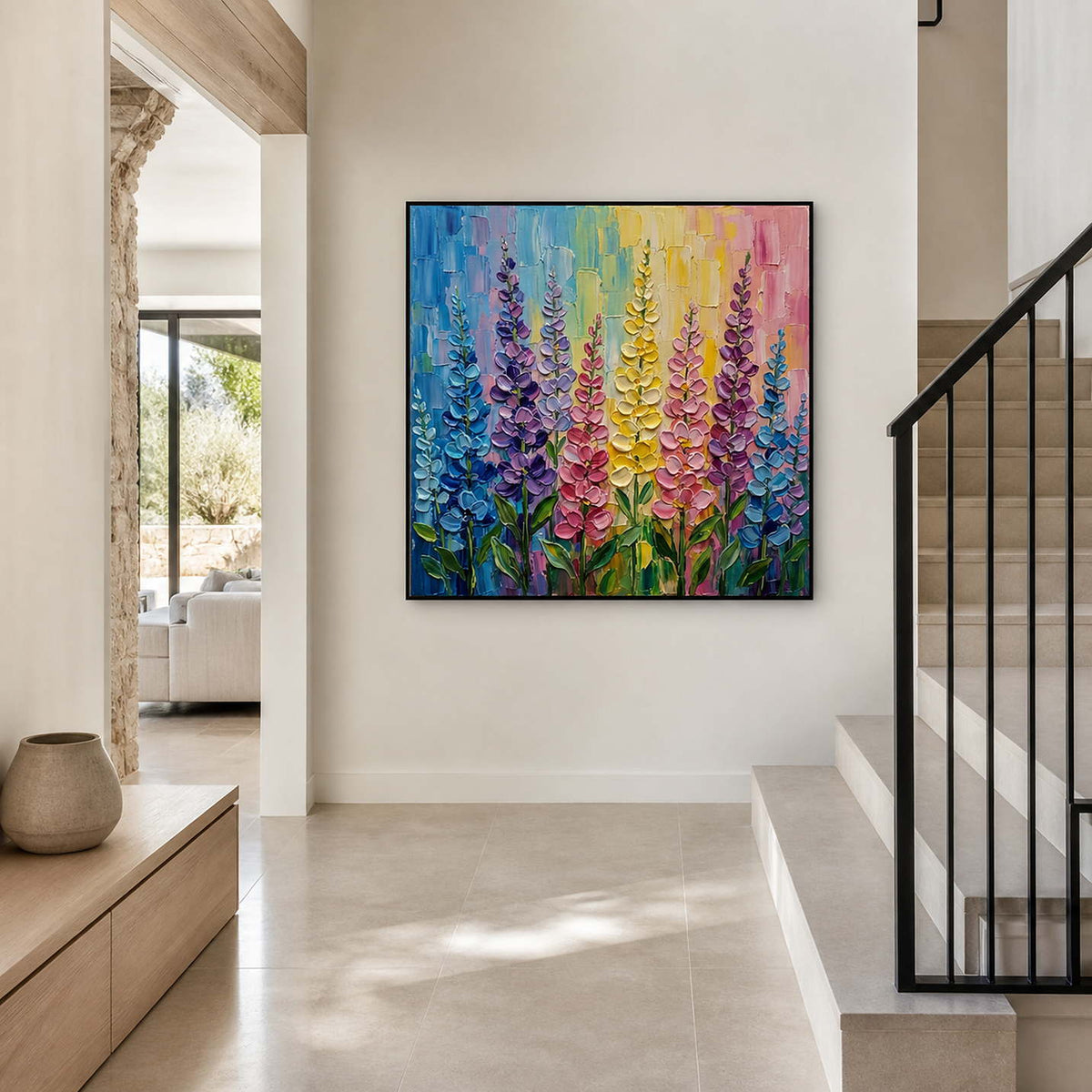 Multicolor flower canvas displayed beside a warm white residential staircase.
