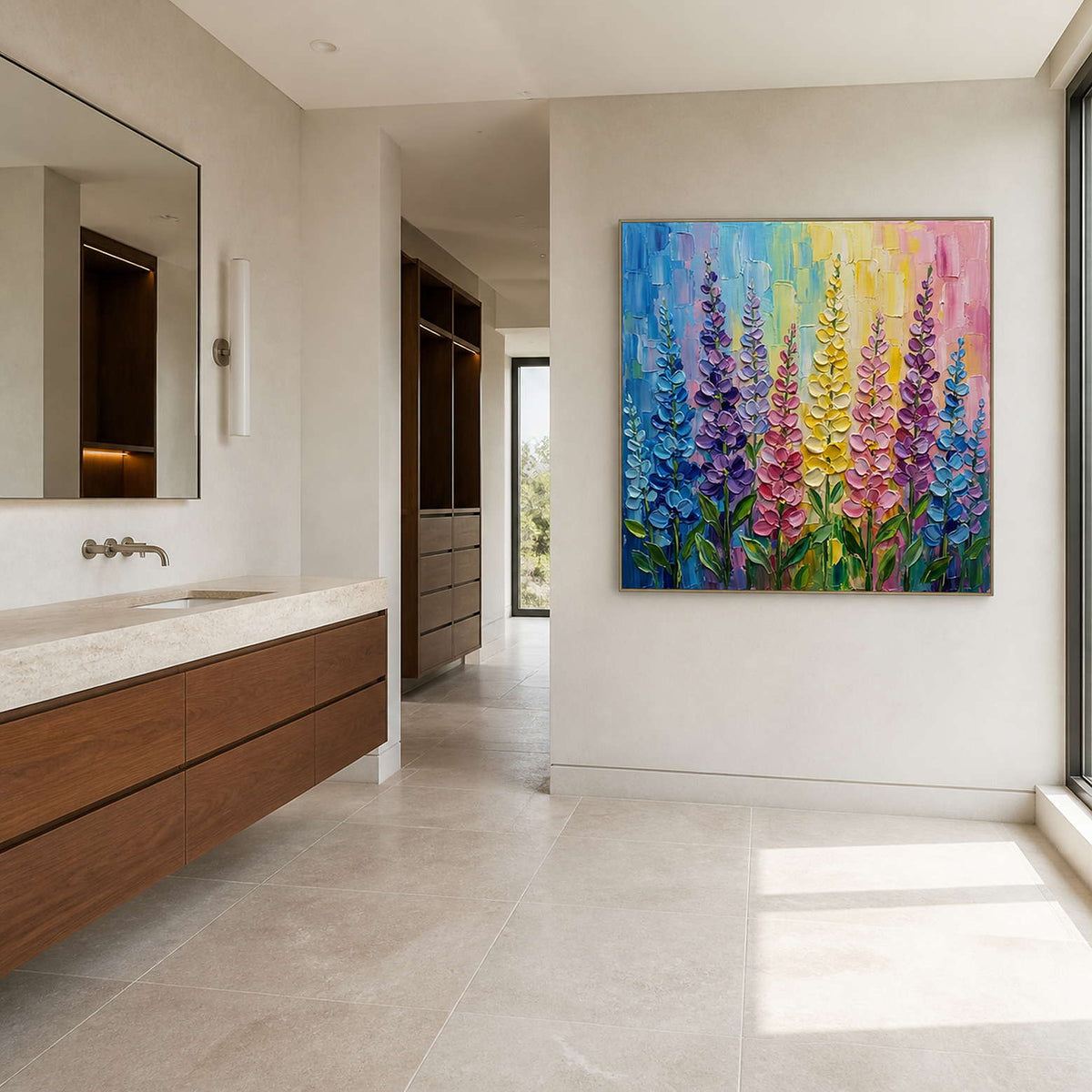 Bright floral artwork viewed from a refined stone bathroom area.