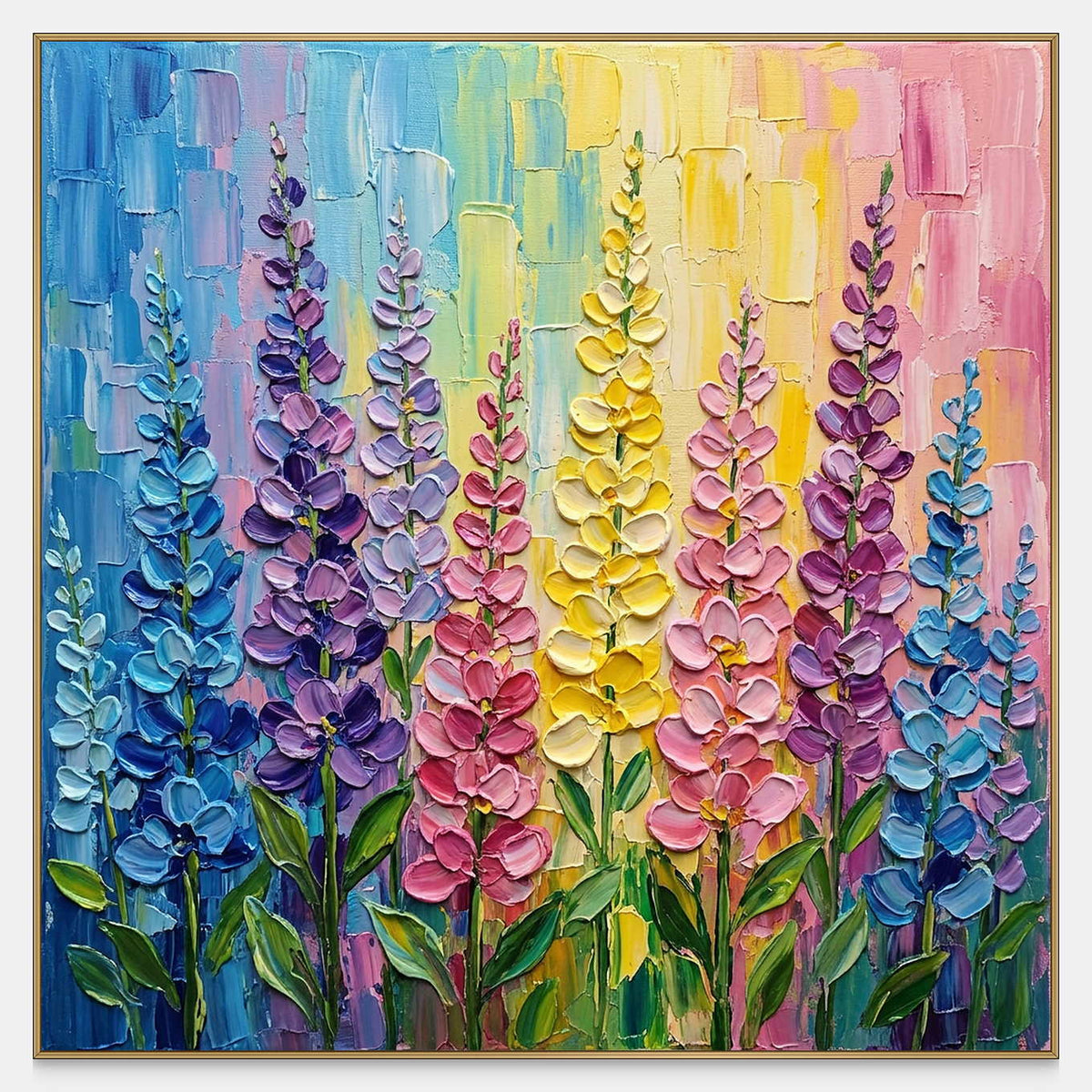 Hand-painted lupine garden canvas in blue, pink, yellow, and lavender.