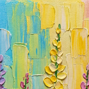 Close-up of layered yellow, turquoise, and lavender palette-knife petals.
