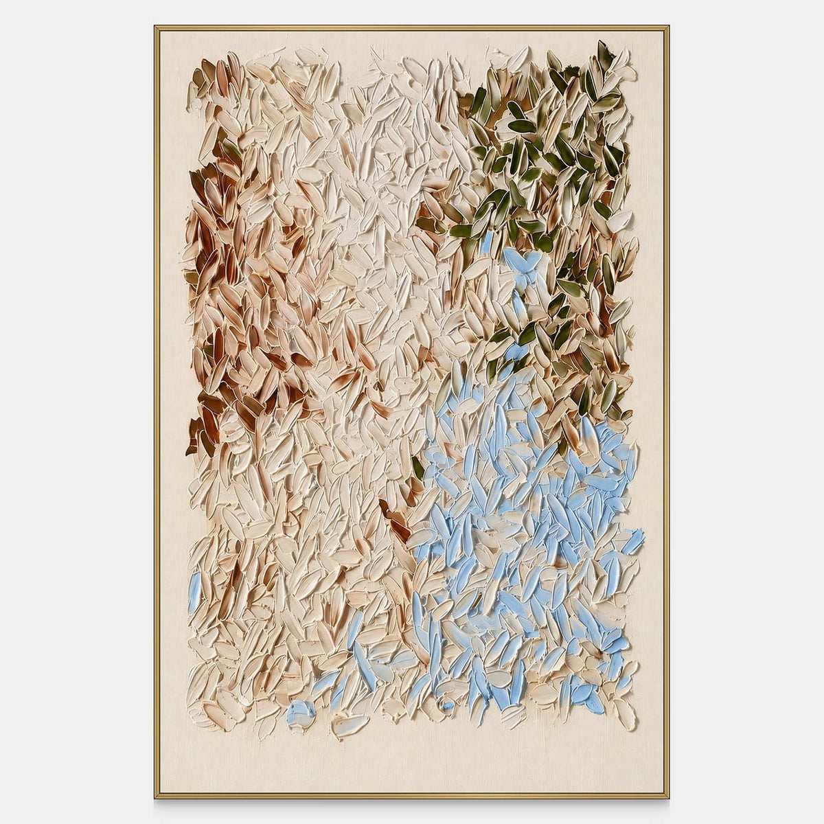 Front view of A Gentle Dance, with cream, brown and pale blue raised leaflike strokes within a warm neutral border.