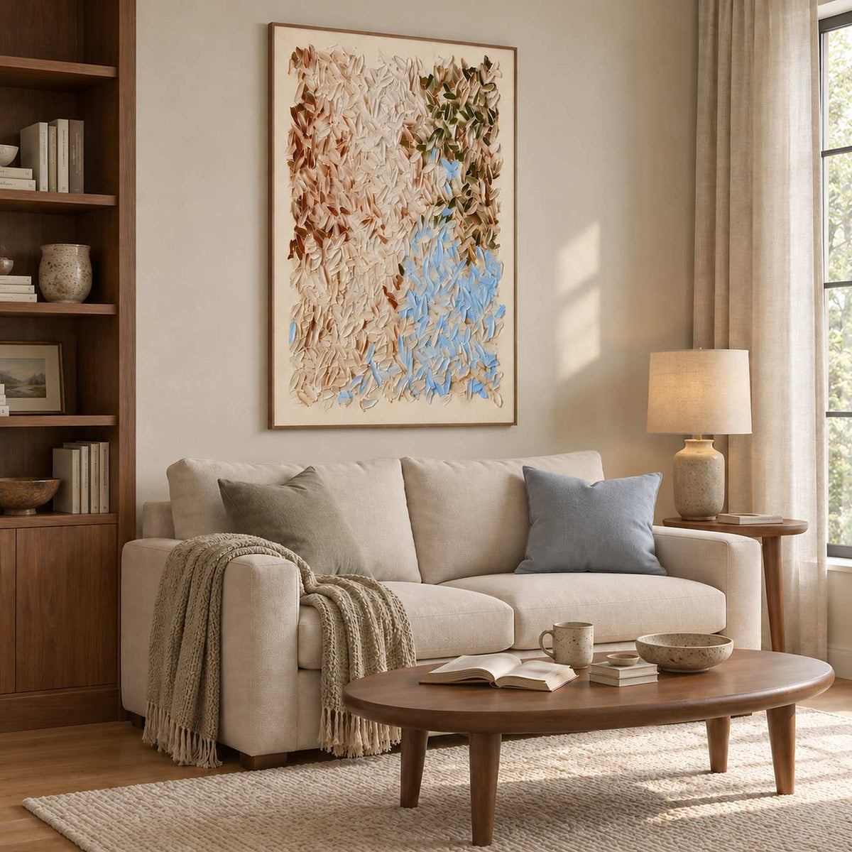 A Gentle Dance in a wood frame above a cream sofa with a blue cushion beside open shelving.
