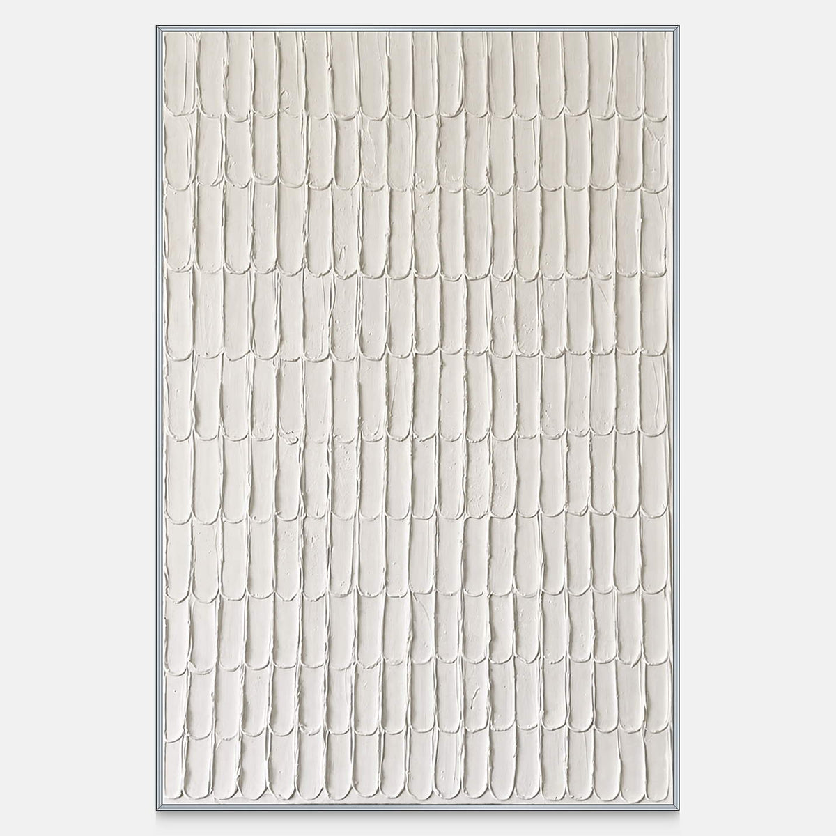 Vertical cream abstract artwork with rows of elongated raised marks and delicate shadows.