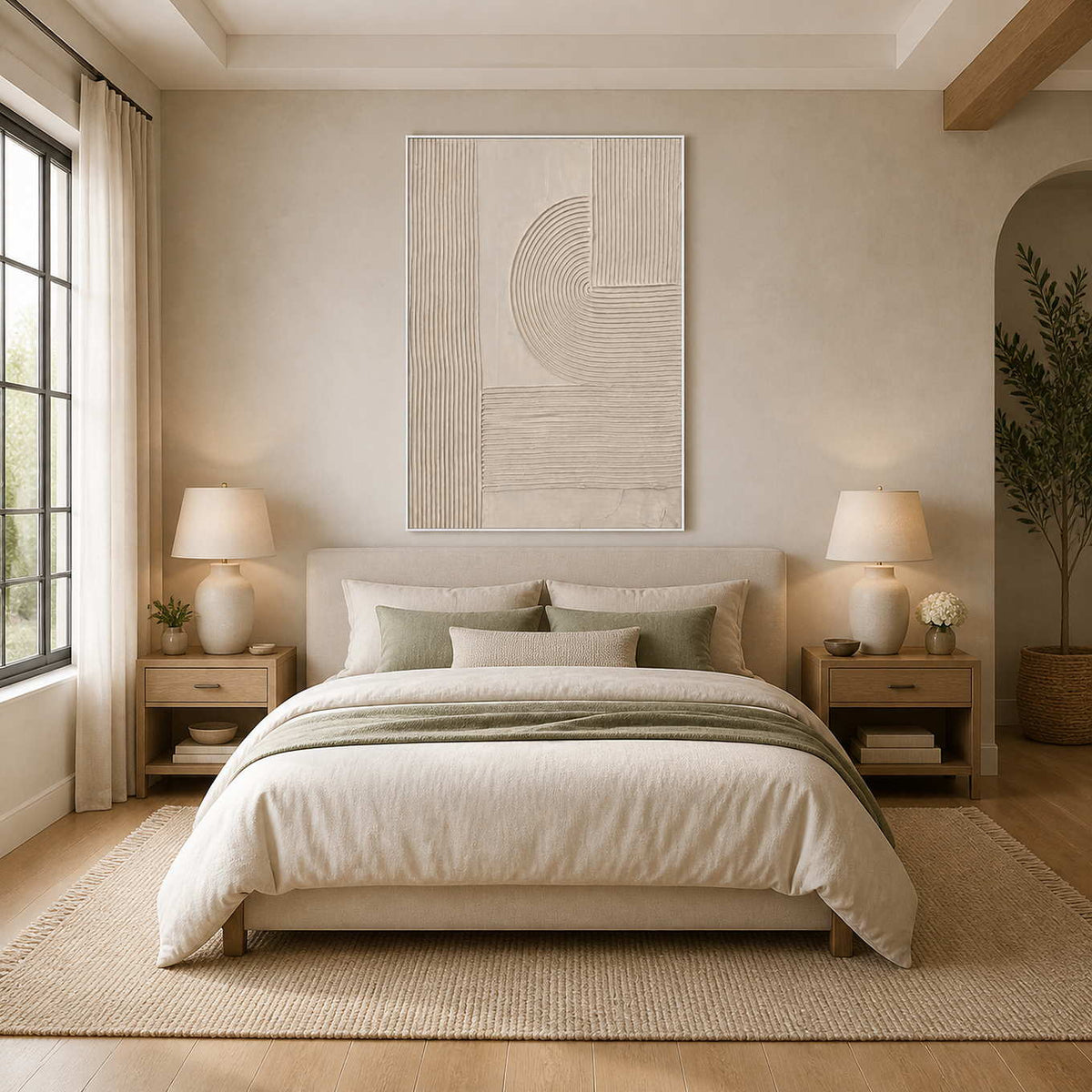 White framed beige geometric relief above a cream bed with muted green accents.