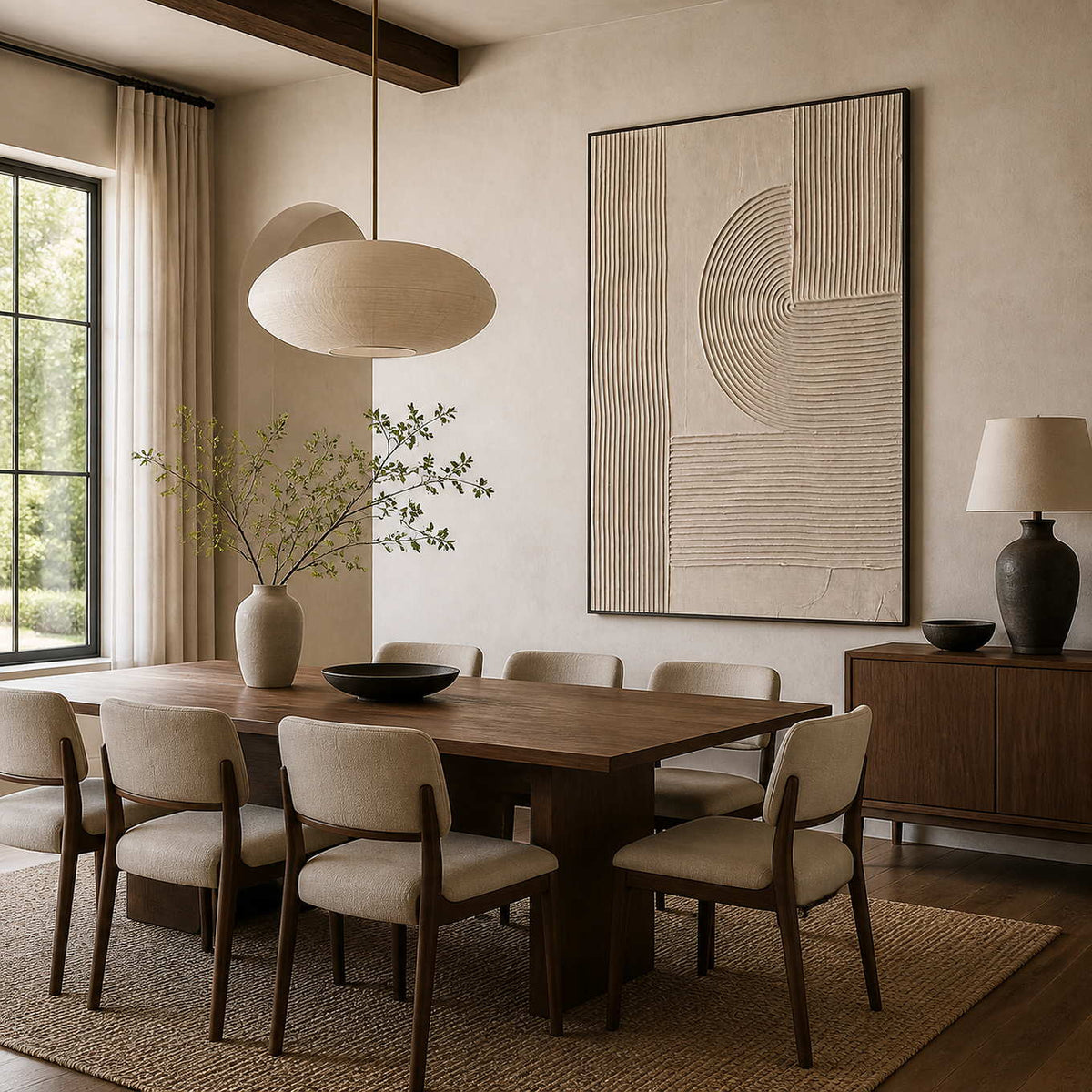 Black framed curved groove artwork beside a wood dining table and cream chairs.