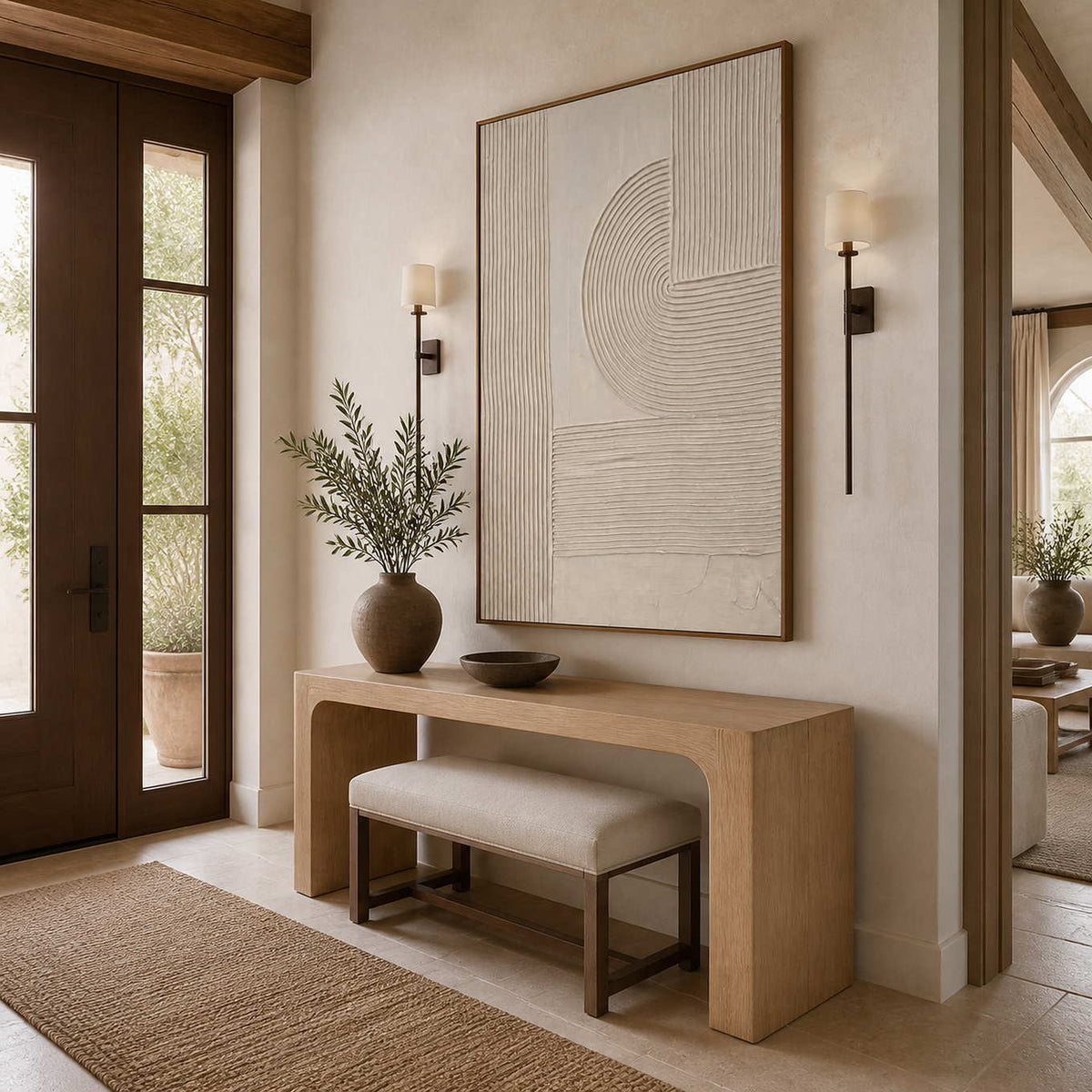 Wood framed parallel groove painting above an entry console and upholstered bench.