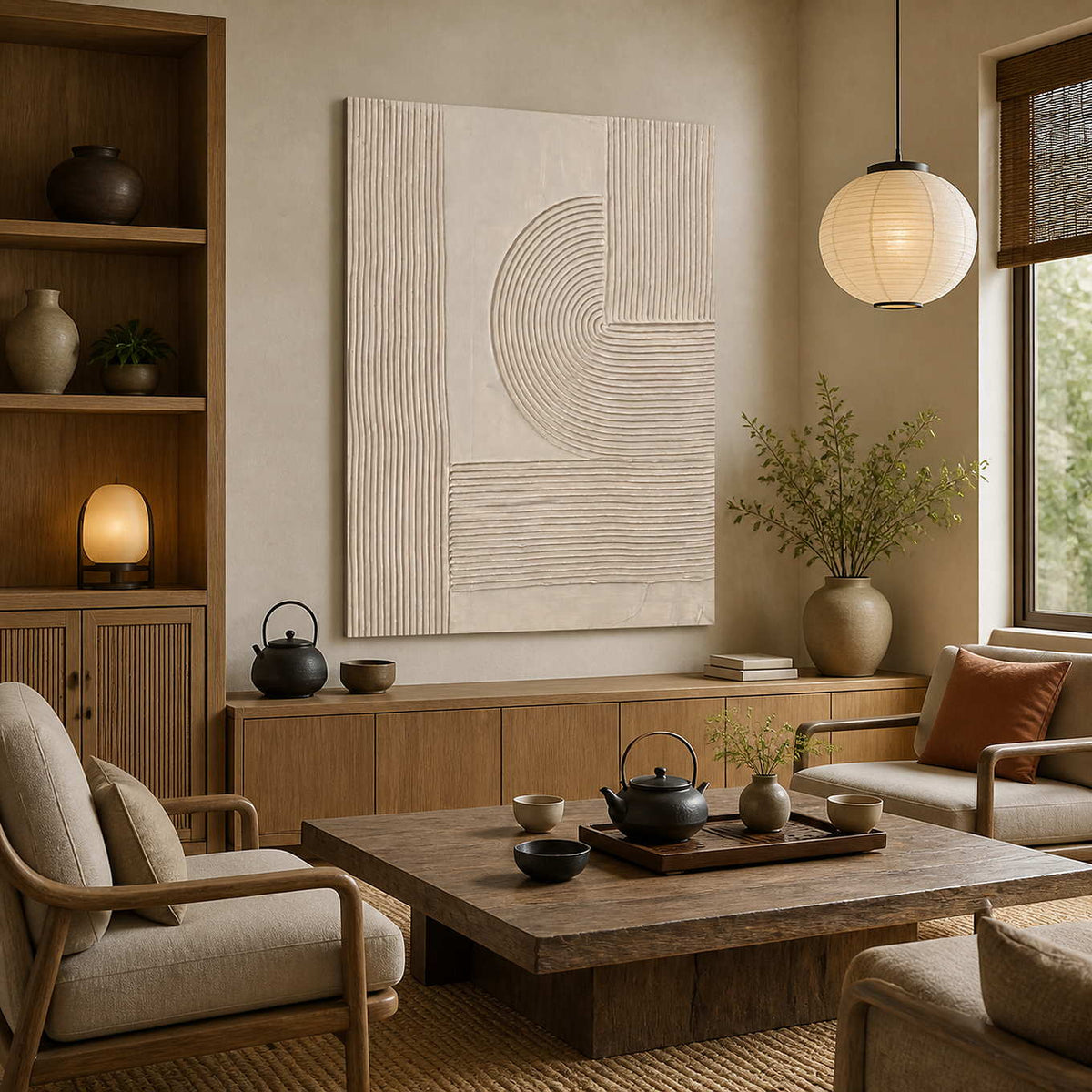 Frameless beige groove artwork above wood cabinetry in a tea room with armchairs.
