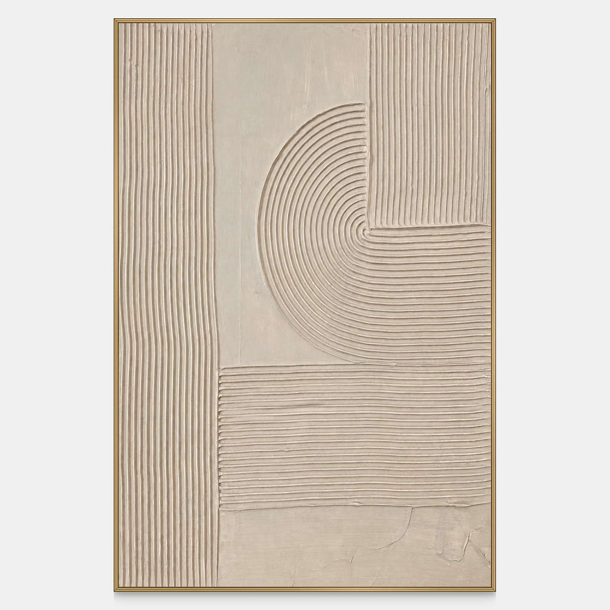 Parallel beige relief grooves combine straight runs with a rounded turn on a vertical panel.