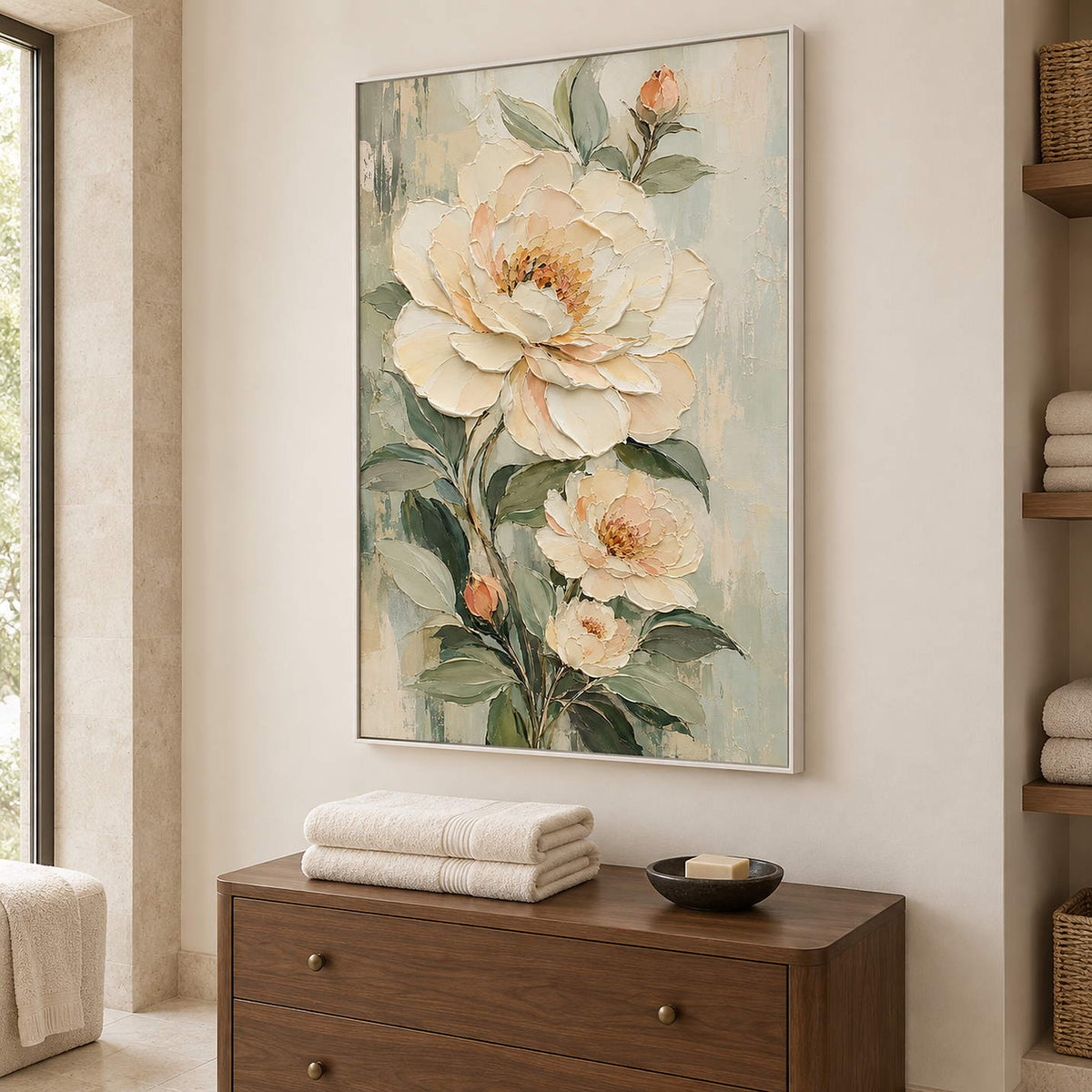 Cream flowers and soft green leaves on a muted background in a white frame, displayed in a bathroom dry area.