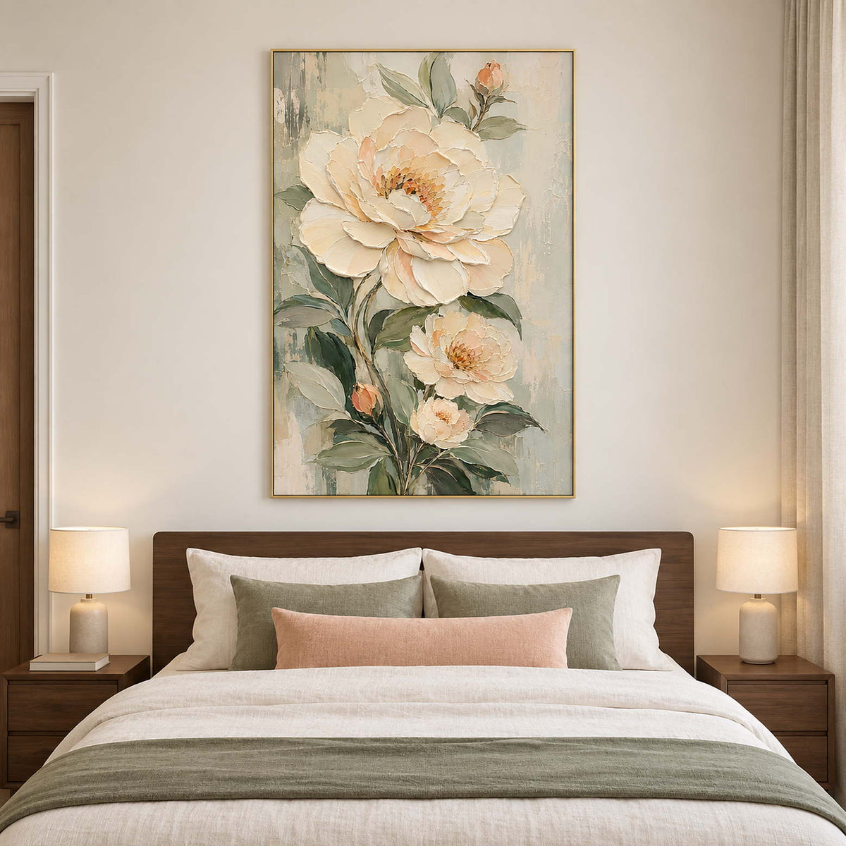 Cream flowers and soft green leaves on a muted background in a gold frame, displayed above a bed.