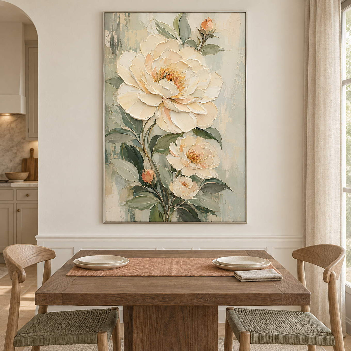Cream flowers and soft green leaves on a muted background in a silver frame, displayed above a dining table.
