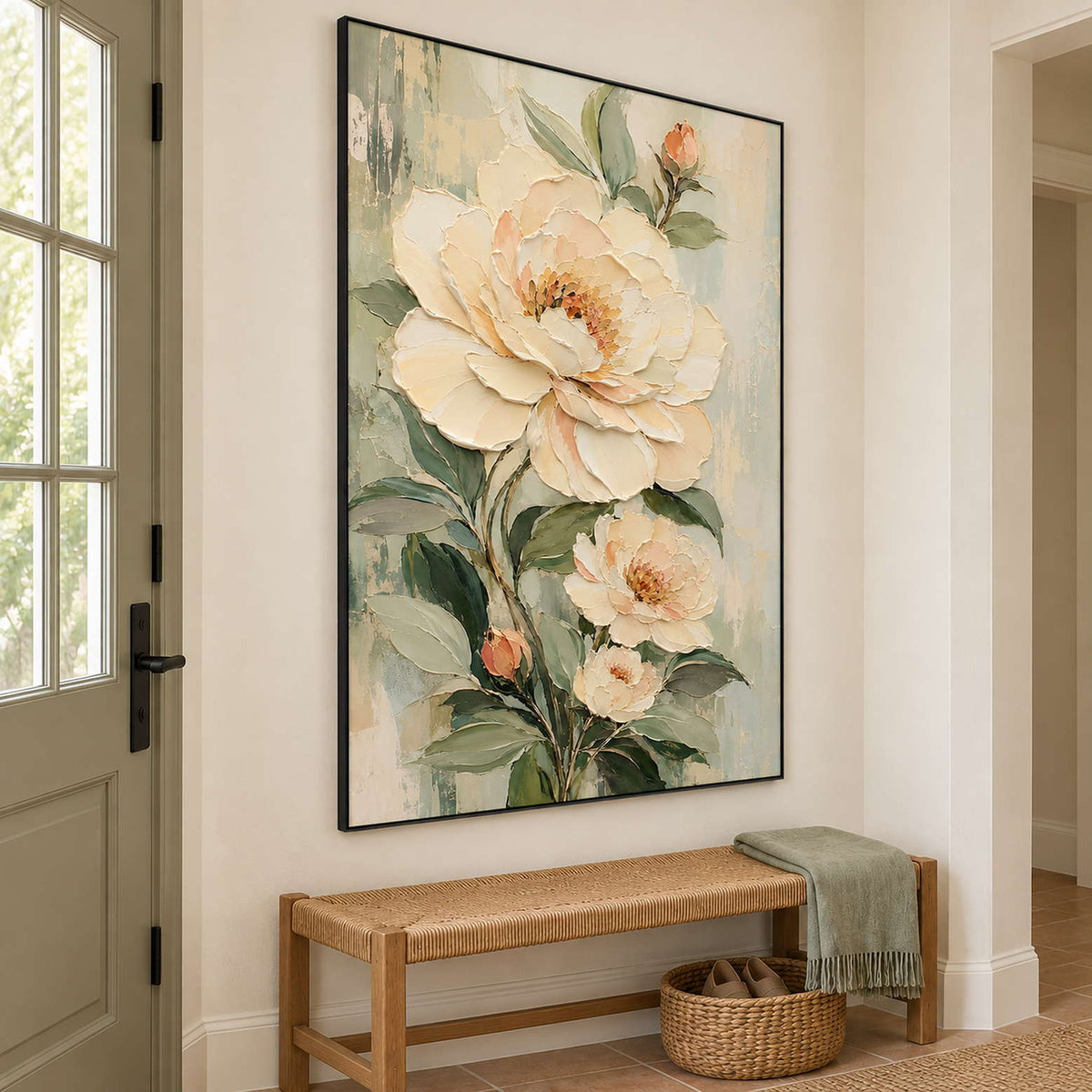 Cream flowers and soft green leaves on a muted background in a black frame, displayed above an entryway console.