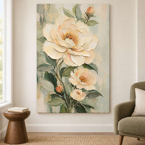 Cream flowers and soft green leaves on a muted background without an outer frame, displayed beside seating in a lounge.