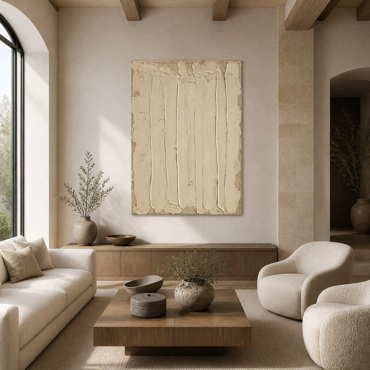 Frameless cream textured artwork above wooden furniture in a warm living room.