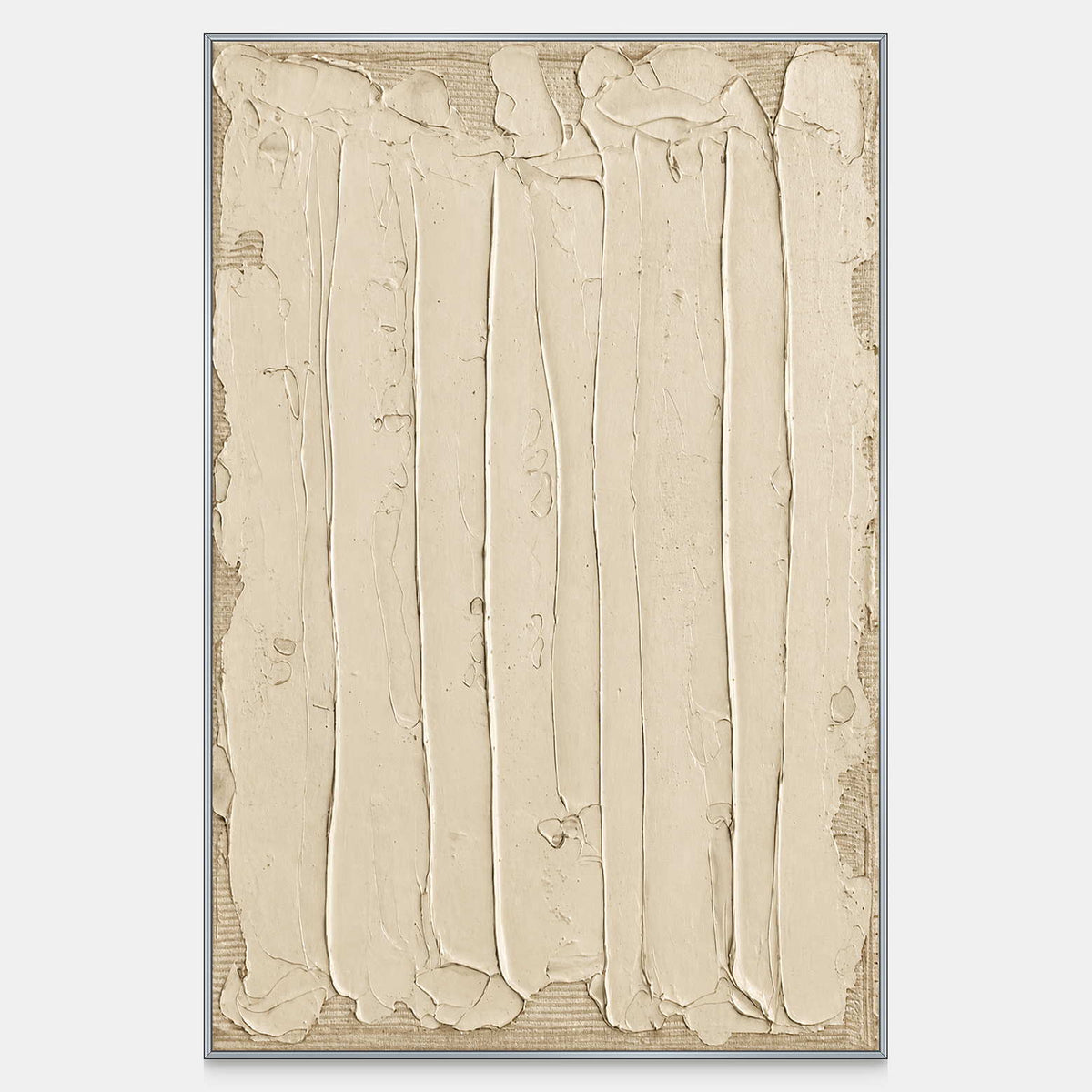 Vertical cream abstract artwork with long raised strokes and fine surface marks.