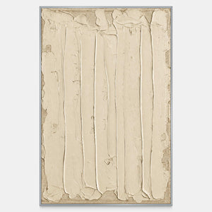 Vertical cream abstract artwork with long raised strokes and fine surface marks.