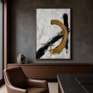Graphic metallic abstract wall art displayed in a refined boutique office.