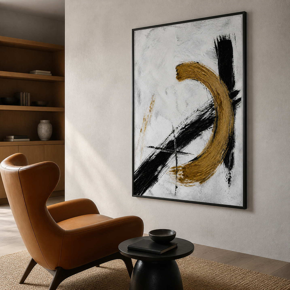 Textured modern abstract shown from the side in a contemporary reading area.