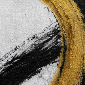 Close-up of raised metallic gold ridges and expressive black brushwork.