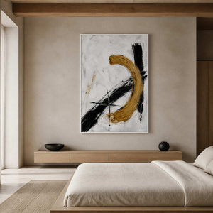Vertical minimalist abstract wall art displayed in a serene primary bedroom.